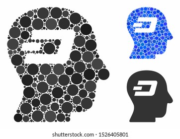 Dash thinking mosaic for Dash thinking icon of round dots in variable sizes and color hues. Vector round dots are united into blue mosaic. Dotted Dash thinking icon in usual and blue versions.