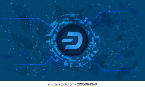 Símbolo dash en un círculo digital sobre fondo azul poligonal. Icono de moneda de criptodivisa. Oro digital para sitio web o banner. Copiar espacio.