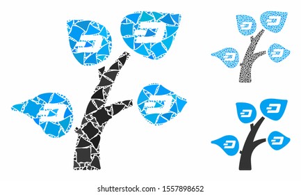 Dash tree composition of raggy elements in variable sizes and color tints, based on Dash tree icon. Vector unequal parts are organized into composition. Dash tree icons collage with dotted pattern.