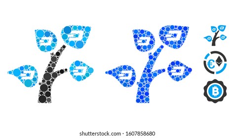 Dash tree mosaic of spheric dots in various sizes and color tinges, based on Dash tree icon. Vector random circles are combined into blue mosaic. Dotted Dash tree icon in usual and blue versions.