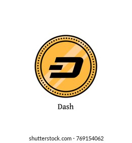Dash virtual crypto currency physical coin in flat color line design on isolated background. Dashcoin icon, sign, symbol, element, logo. llustration of digital money - open-source cryptocurrency.