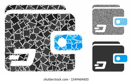 Dash wallet mosaic of tuberous items in different sizes and color tones, based on Dash wallet icon. Vector inequal items are grouped into mosaic. Dash wallet icons collage with dotted pattern.