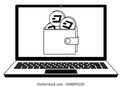 dash wallet in the  screen laptop, design concept black and white, crypto currensy in a wallet.