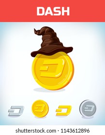 dash in witch hat. dash. Digital currency. Crypto currency. Money and finance symbol. Miner bit coin criptocurrency. Virtual money concept. Cartoon Vector illustration.