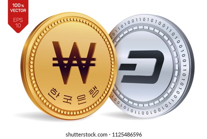Dash. Won. 3D isometric Physical coins. Digital currency. Korea Won coin. Cryptocurrency. Golden and silver coins with Dash and Won symbol isolated on white background. Vector illustration.