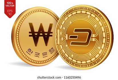 Dash. Won. 3D isometric Physical coins. Digital currency. Korea Won coin. Cryptocurrency. Golden coins with Dash and Won symbol isolated on white background. Vector illustration.