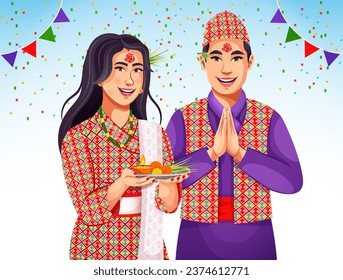 Dashain: Festival Popular en Nepal celebración de la ilustración vectorial de las existencias. Mujer sostiene placa de Tika y Jamara para festival Dashain 