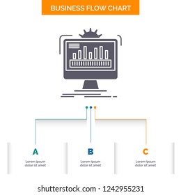 dashboard, admin, monitor, monitoring, processing Business Flow Chart Design with 3 Steps. Glyph Icon For Presentation Background Template Place for text.