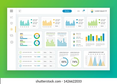 Dashboard admin panel vector design template with infographic elements, chart, diagram, info graphics. Website dashboard for ui and ux design web page. Vector illustration.