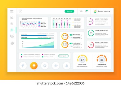 Dashboard admin panel vector design template with infographic elements, chart, diagram, info graphics. Website dashboard for ui and ux design web page. Vector illustration.