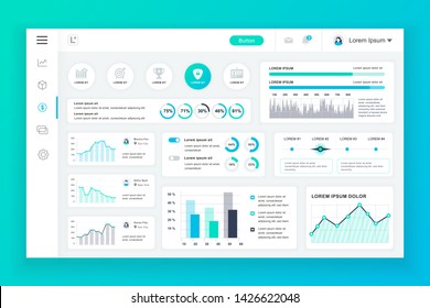 Dashboard admin panel vector design template with infographic elements, chart, diagram, info graphics. Website dashboard for ui and ux design web page. Vector illustration.