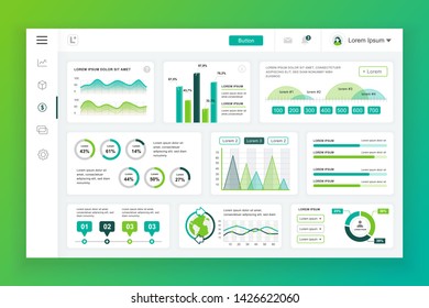Dashboard admin panel vector design template with infographic elements, chart, diagram, info graphics. Website dashboard for ui and ux design web page. Vector illustration.