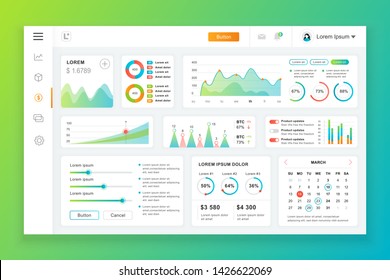 Dashboard admin panel vector design template with infographic elements, chart, diagram, info graphics. Website dashboard for ui and ux design web page. Vector illustration.