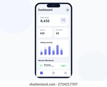 La interfaz del App del tablero muestra los pasos diarios, las calorías quemadas, los minutos activos y un resumen de los entrenamientos recientes. La pantalla está diseñada para el seguimiento y análisis de la aptitud.