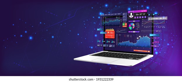 Dashboard Application on laptop with business analytics data, charts and graphics on perspective laptop. Web banner, concept statistics graphs, investment, trade and finance management. Vector 