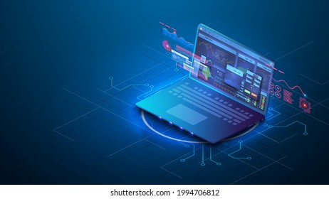 Aplicación de tablero en laptop con datos de análisis de negocios, gráficos. Mercado de divisas. Opción binaria. Material, gran diseño para cualquier propósito. Gráfico de negocios. Tecnología de Internet. Pantalla de aplicación para el comercio