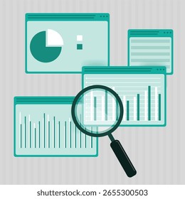 Painel com gráficos de barras, gráficos de pizza, monitoramento de dados e controle de desempenho. Conceito de negócio, finanças, inovação. Ilustração vetorial