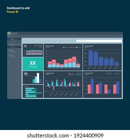 Dashboard Bar Power Bi Template. Graphs Diagrams To Edit. EPS10