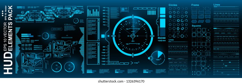 Dashboard blue display virtual reality technology screen. HUD futuristic user interface, target. HUD elements mega pack set.