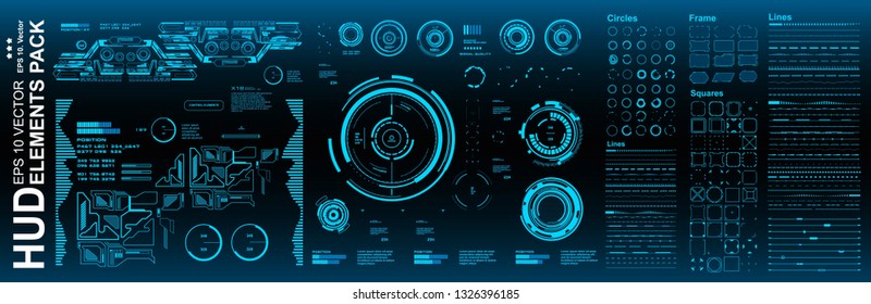 Dashboard blue display virtual reality technology screen. HUD futuristic user interface, target. HUD elements mega pack set.