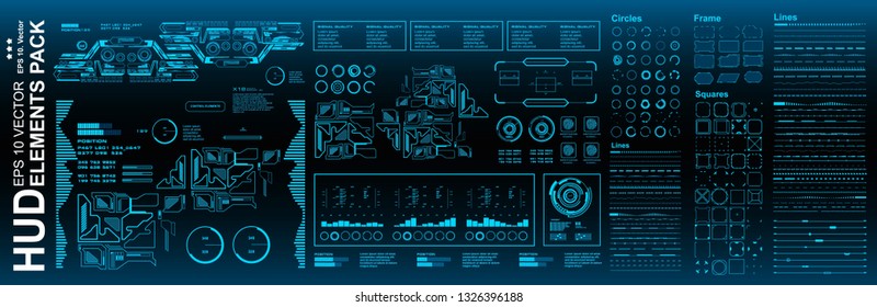 Dashboard blue display virtual reality technology screen. HUD futuristic user interface, target. HUD elements mega pack set.
