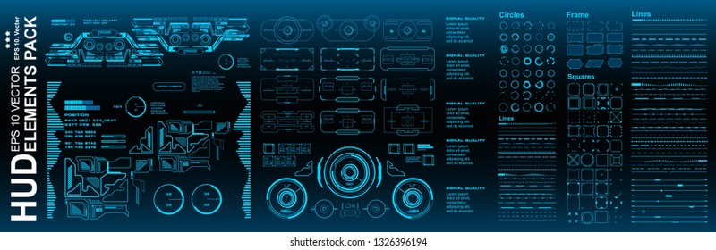 Dashboard blue display virtual reality technology screen. HUD futuristic user interface, target. HUD elements mega pack set.