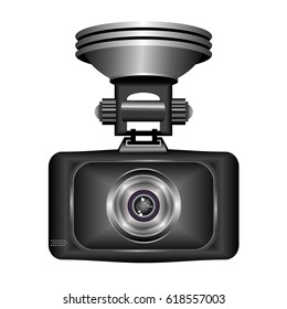 Dashboard camera for accident recording, front view. Realistic vector illustration isolated on white background. 