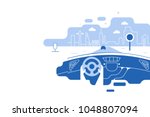 Dashboard car and driver.Hands driving a car on the highway. Drive safely warning billboard.Flat vector illustration. Car on asphalt road with speed limit on highway car interior. background.