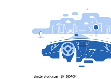 Dashboard car and driver.Hands driving a car on the highway. Drive safely warning billboard.Flat vector illustration. Car on asphalt road with speed limit on highway car interior. background.