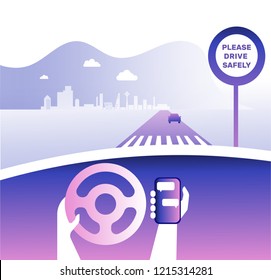 Dashboard car and driver.Hands driving a car on the highway with phone. Drive safely warning billboard.Flat vector illustration. Car on asphalt road with speed limit on highway car interior.