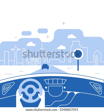 Dashboard car and driver.Hands driving a car on the highway. Drive safely warning billboard.Flat vector illustration. Car on asphalt road with speed limit on highway car interior.