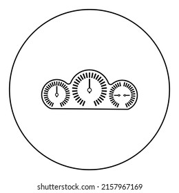 Pantalla de la velocidad del panel del coche del salpicadero con icono del indicador en círculo color negro ilustración contorno de la imagen línea delgada estilo simple