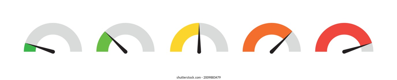 Dashboard colorful speedometer icons set. Tachometer icon isolated. Performance indicator sign. Car speed. Fast internet speed sign. Stock flat vector elements. - Shutterstock ID 2009883479
