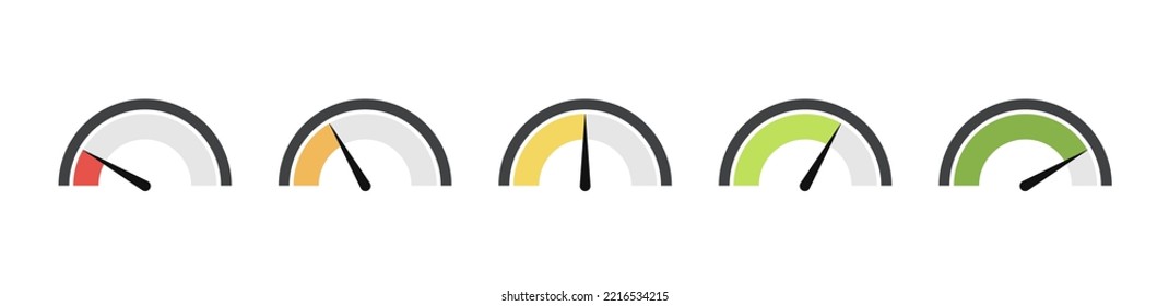 Dashboard colorful speedometer icons set. Vector scale, level of performance. Abstract graphic element concept of tachometer, speedometer, indicators, score. Customer satisfaction scores.