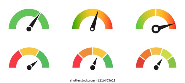 Dashboard colorful speedometer icons set. Vector scale, level of performance. Abstract graphic element concept of tachometer, speedometer, indicators, score. Customer satisfaction scores.