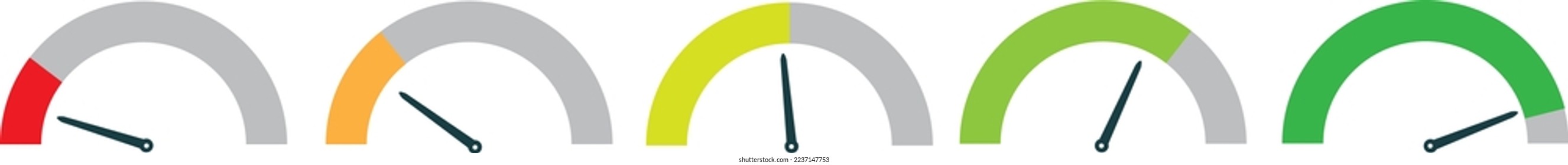 Dashboard colorful speedometer icons set. Tachometer icon isolated. Performance indicator sign. Car speed. Fast internet speed sign. Speedometer icon.