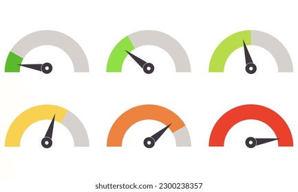 Dashboard colorful speedometer icons set. Performance indicator sign. Fast internet speed sign. Flat vector illustration