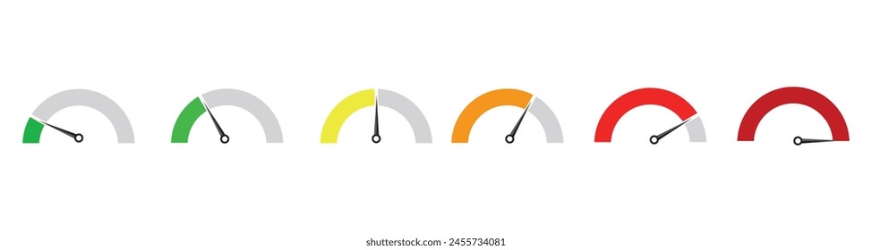 Conjunto de iconos coloridos del velocímetro del salpicadero. Icono del tacómetro, señal del indicador de rendimiento. Carrera de velocidad. Señal rápida de Internet. aislado sobre fondo blanco. 
