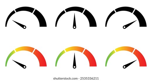 Dashboard colorful speedometer icons set. Tachometer icon isolated. Performance indicator sign. Car speed. Fast internet speed sign. Tachometer, speedometer, indicators, score. Customer satisfaction. 