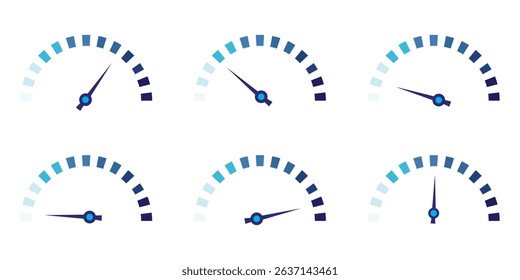 Dashboard colorful speedometer icons set. Tachometer icon isolated. Performance indicator sign. Car speed. Fast internet speed sign. Stock flat vector elements.