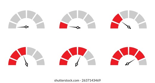 Dashboard colorful speedometer icons set. Tachometer icon isolated. Performance indicator sign. Car speed. Fast internet speed sign. Stock flat vector elements.