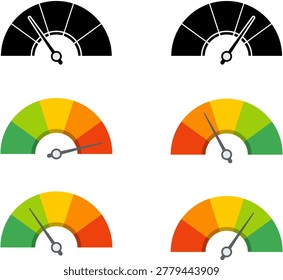 Dashboard colorful speedometer icons set. Tachometer icon isolated. Performance indicator sign. Car speed. Fast internet speed sign. Speedometer icon. 3D meter with green, yellow, red indicators.