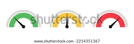 Dashboard colorful speedometer icons set. Vector scale, level of performance. Abstract graphic element concept of tachometer, speedometer, indicators, score. Customer satisfaction scores.