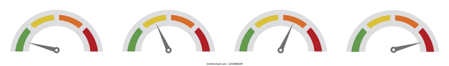 Farbige Tacho-Symbole für das Dashboard. Indikator für die Kundenzufriedenheit Vektorskala, Leistungsniveau. Tachometersymbol einzeln. Leistungsindikatorzeichen. Autogeschwindigkeit. Vektorgrafik.