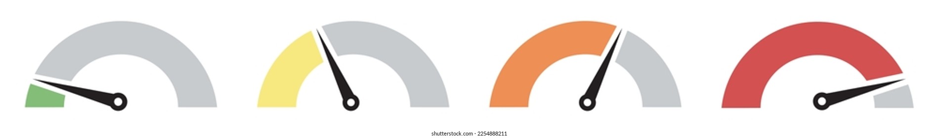 Dashboard colourful speedometer icons set. Customer satisfaction indicator level. Vector scale, level of performance. Tachometer icon isolated. Performance indicator sign. Car speed. Vector.