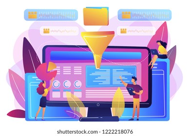Dashboard-Konsolidierungs-Metriken auf dem Computerbildschirm. Business Intelligence Dashboard, Business Analytics Tool, Business Intelligence Metrics Konzept. Helle, lebendige violette Vektorgrafik einzeln