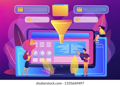 Dashboard consolidating metrics on computer screen. Business intelligence dashboard, business analytics tool, business intelligence metrics concept. Bright vibrant violet vector isolated illustration