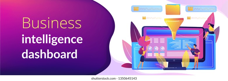 Dashboard consolidating metrics on computer screen. Business intelligence dashboard, business analytics tool, business intelligence metrics concept. Header or footer banner template with copy space.