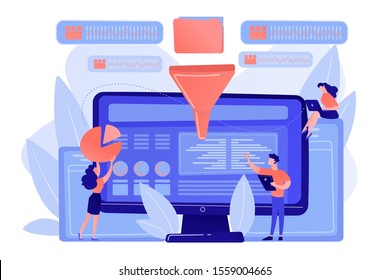 Dashboard consolidating metrics on computer screen. Business intelligence dashboard, business analytics tool, business intelligence metrics concept. Pinkish coral bluevector isolated illustration