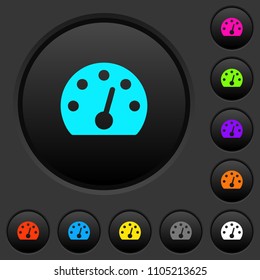 Dashboard dark push buttons with vivid color icons on dark grey background